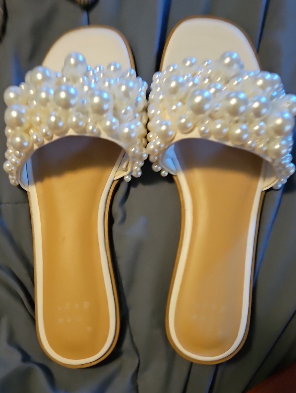 Pearl Embellished Cream Slide Sandals - Women's